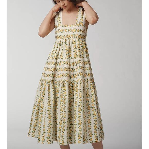 Anthropologie NWT Helena Lemon Print Smocked Tiered Midi Dress with Pockets 1X - Picture 1 of 11